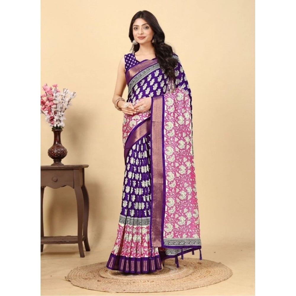 Purple cotton blend printed saree with unstitched blouse, vibrant Indian women's wear