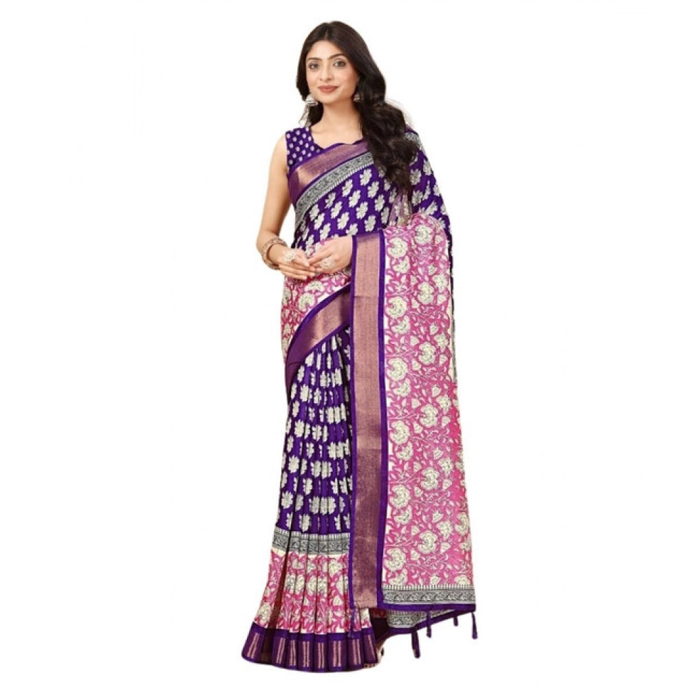 Purple cotton blend printed saree with unstitched blouse (5.5Mtr), vibrant patterns for Indian women's fashion