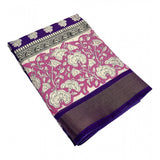Purple cotton blend printed saree with unstitched blouse, vibrant design on 5.5Mtr fabric