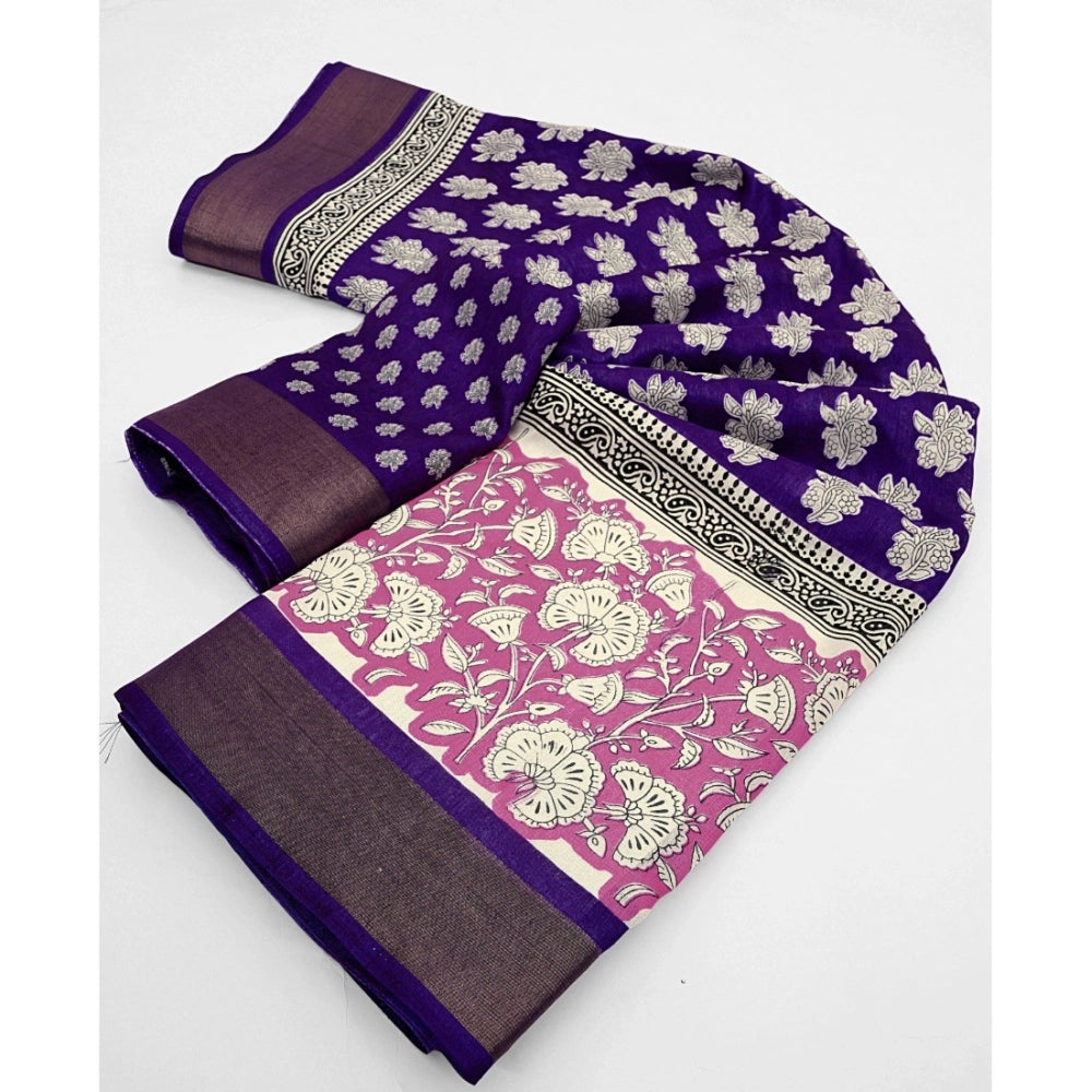 Purple cotton blend printed saree with unstitched blouse (5.5mtr), traditional Indian attire for women