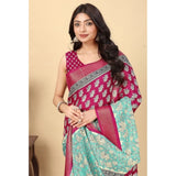 Multi-colored cotton blend printed saree with unstitched blouse, vibrant Indian women's fashion accessory on mannequin