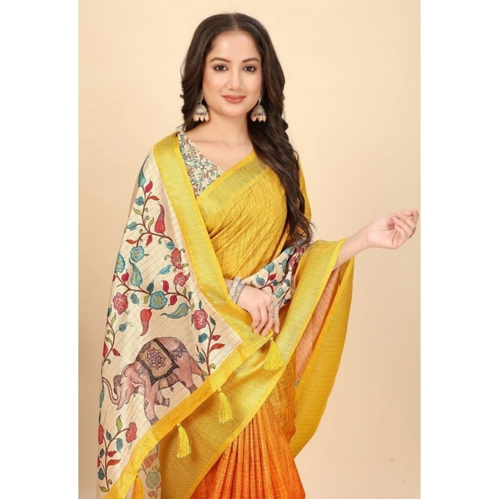 Lemon yellow cotton blend floral printed saree with unstitched blouse, vibrant floral pattern on 5.5mtr length