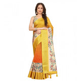 Lemon yellow cotton blend floral printed saree with unstitched blouse (5.5mtr) - vibrant, traditional Indian women's wear