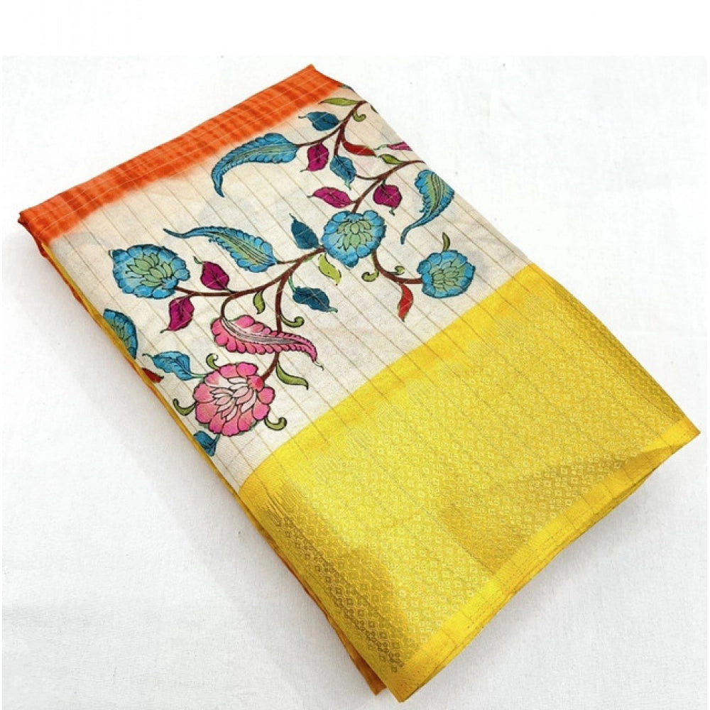 Lemon yellow cotton blend floral printed saree with unstitched blouse, vibrant floral pattern on 5.5mtr fabric