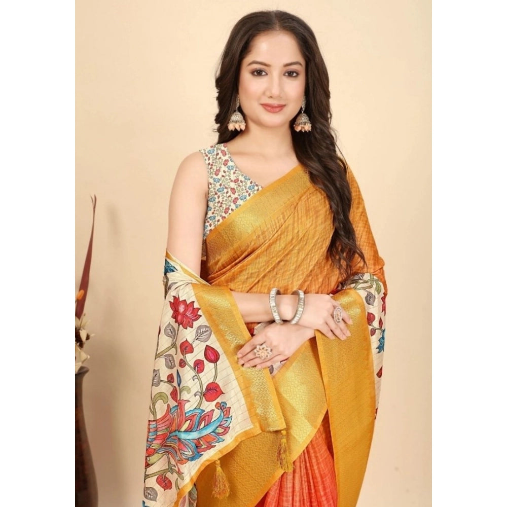 Yellow cotton blend floral printed saree with unstitched blouse, vibrant Indian women's fashion accessory