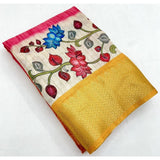 Yellow cotton blend floral printed saree with unstitched blouse (5.5mtr) - traditional Indian women's fashion accessory