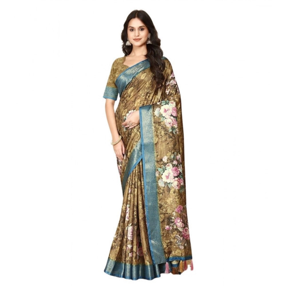Multicolor cotton blend floral printed saree with unstitched blouse, 5.5Mtr - vibrant women's ethnic wear for traditional occasions