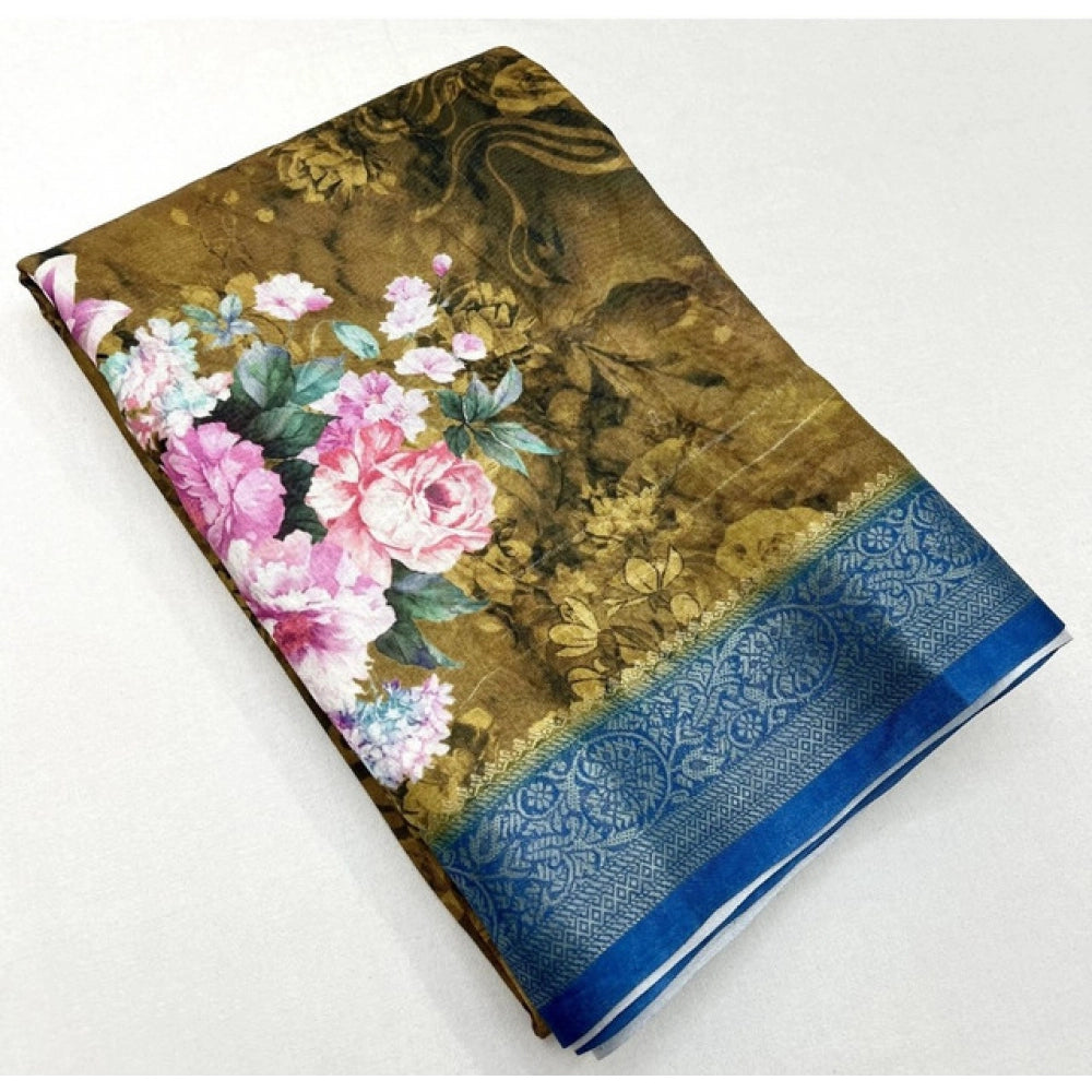 Multicolor cotton blend floral printed saree with unstitched blouse, vibrant ethnic wear for women