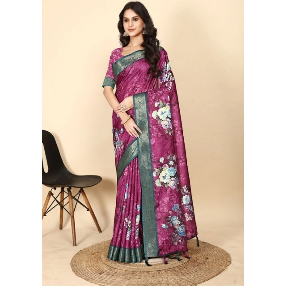 Multicolor cotton blend floral printed saree with unstitched blouse, vibrant Indian attire on mannequin