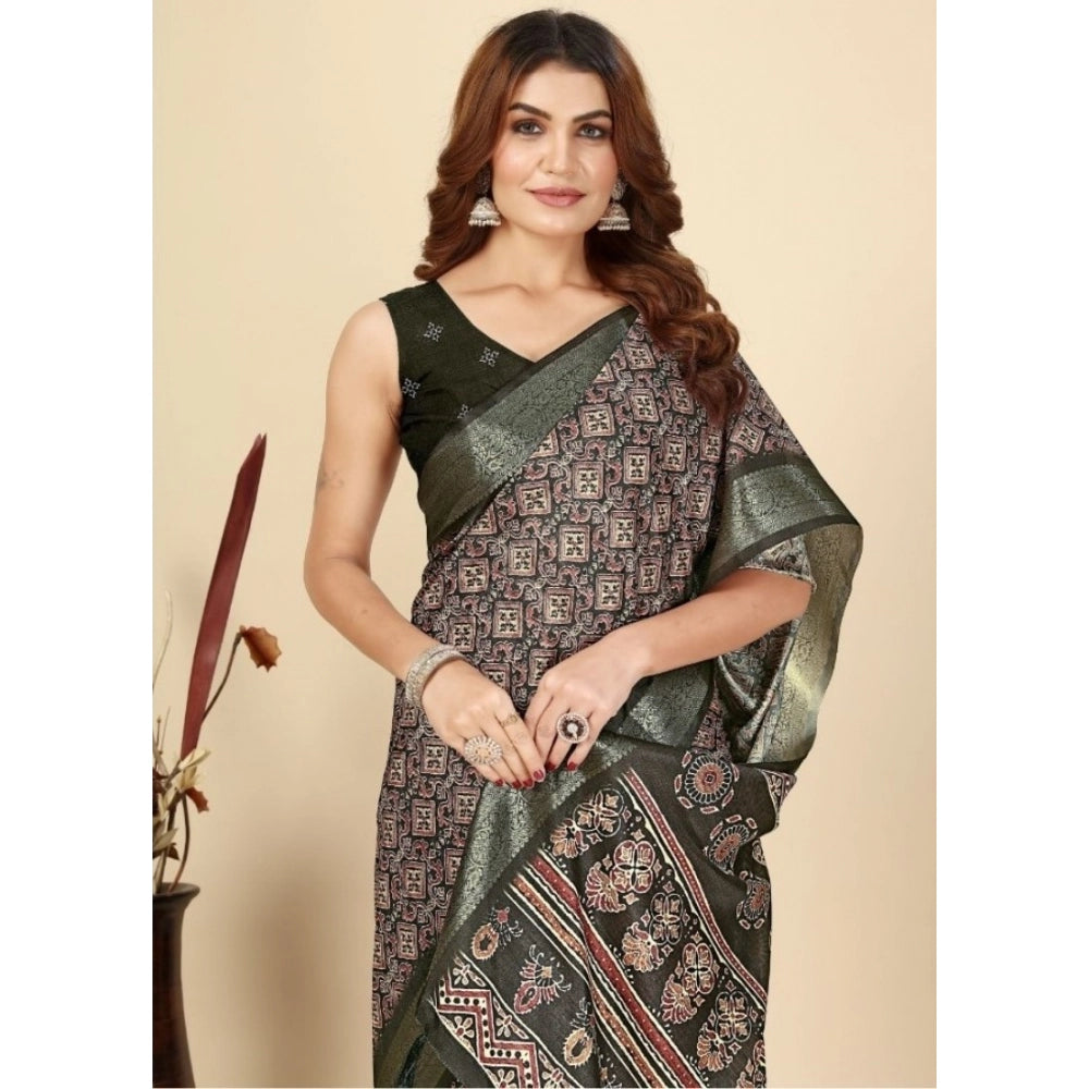 Black cotton blend printed saree with unstitched blouse (5.5Mtr)