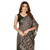 Black cotton blend printed saree with unstitched blouse (5.5mtr), traditional Indian women's wear on mannequin
