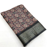 Black cotton blend printed saree with unstitched blouse, 5.5mtr length