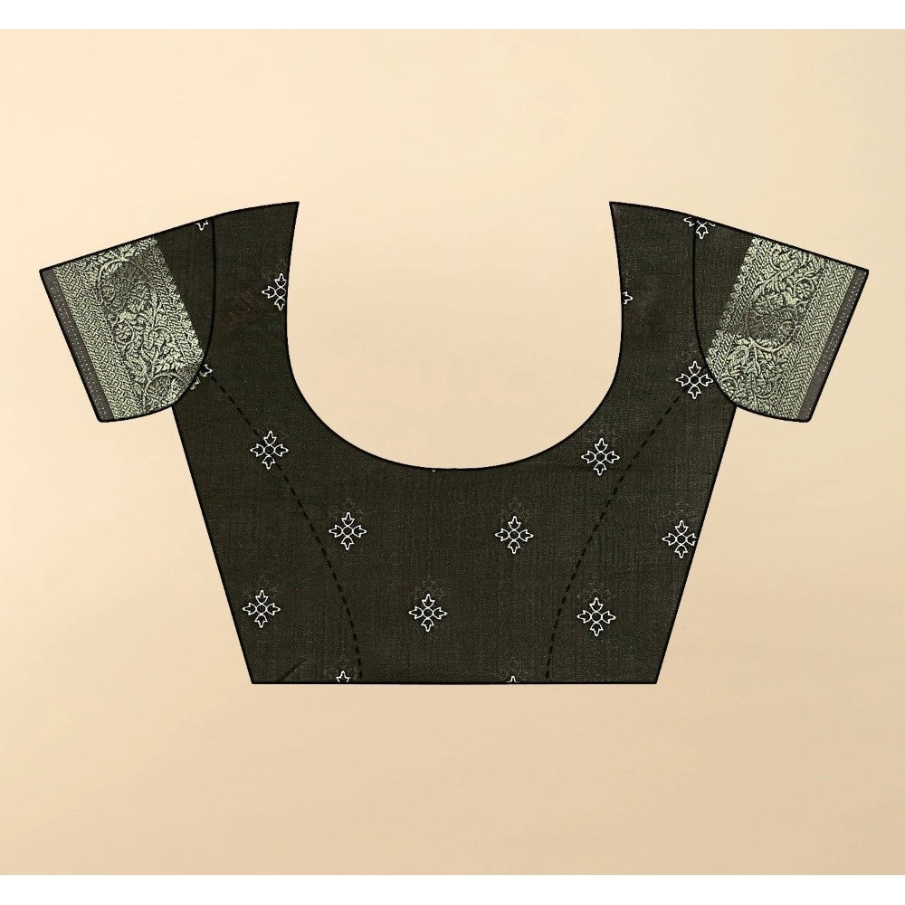 Black cotton blend printed saree with unstitched blouse, 5.5mtr length on model