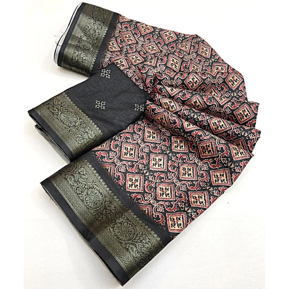 Black cotton blend printed saree with unstitched blouse (5.5Mtr), women's traditional Indian attire on mannequin