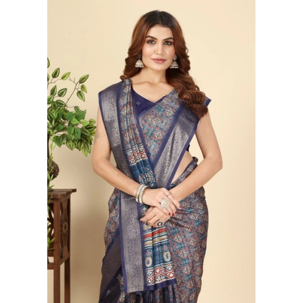 Blue cotton blend printed saree with unstitched blouse (5.5mtr)