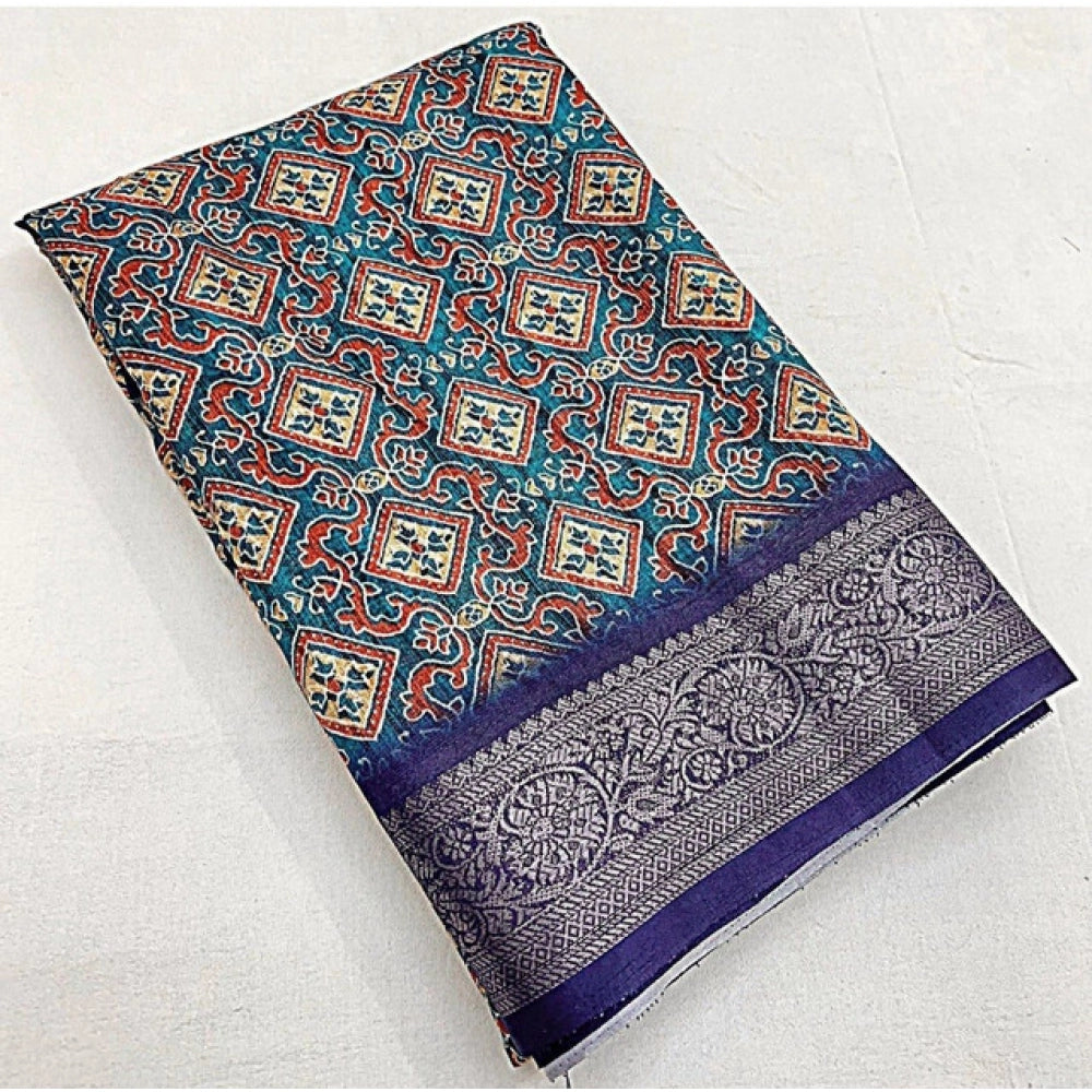 Blue cotton blend printed saree with unstitched blouse (5.5mtr)