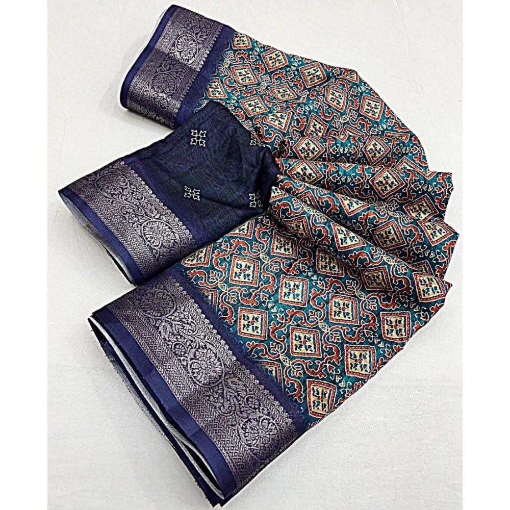 Blue cotton blend printed saree with unstitched blouse (5.5mtr)