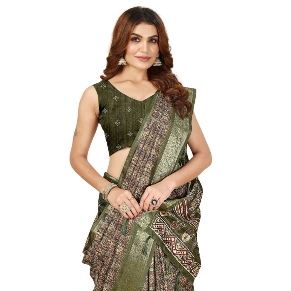 Green cotton blend printed saree with unstitched blouse (5.5mtr)
