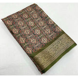Green cotton blend printed saree with unstitched blouse, 5.5mtr length for women's ethnic wear