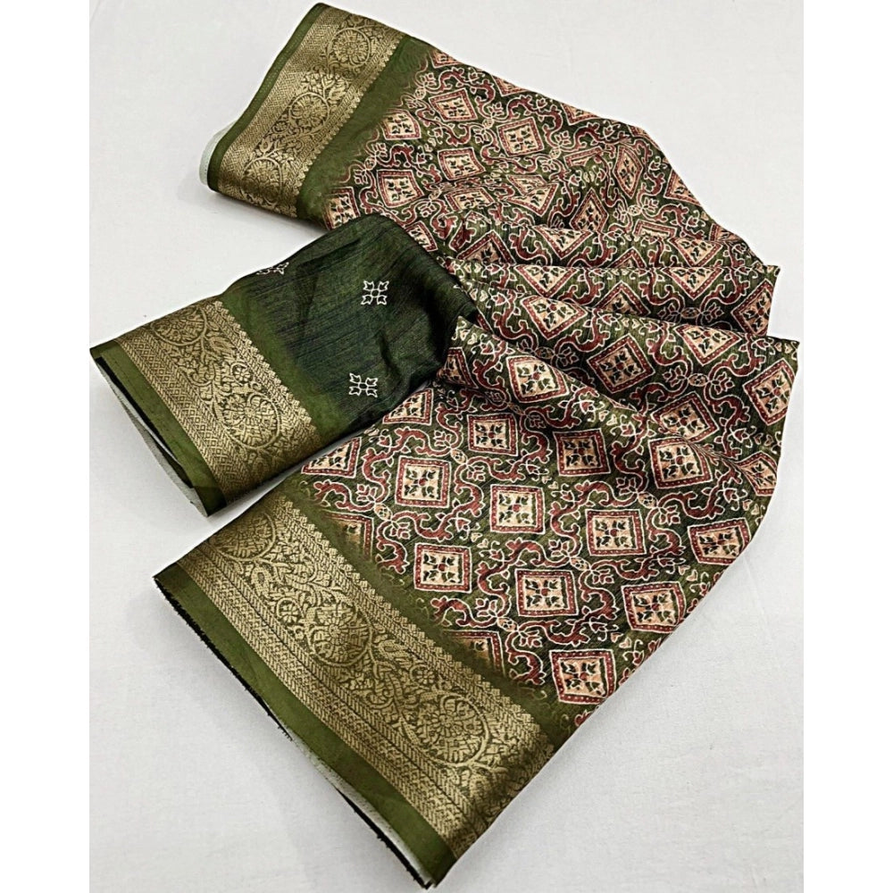 Green cotton blend printed saree with unstitched blouse, 5.5Mtr on mannequin
