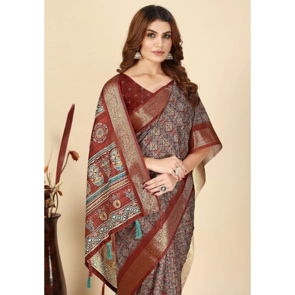 Multicolor cotton blend printed saree with unstitched blouse (5.5mtr), women's traditional Indian attire on mannequin