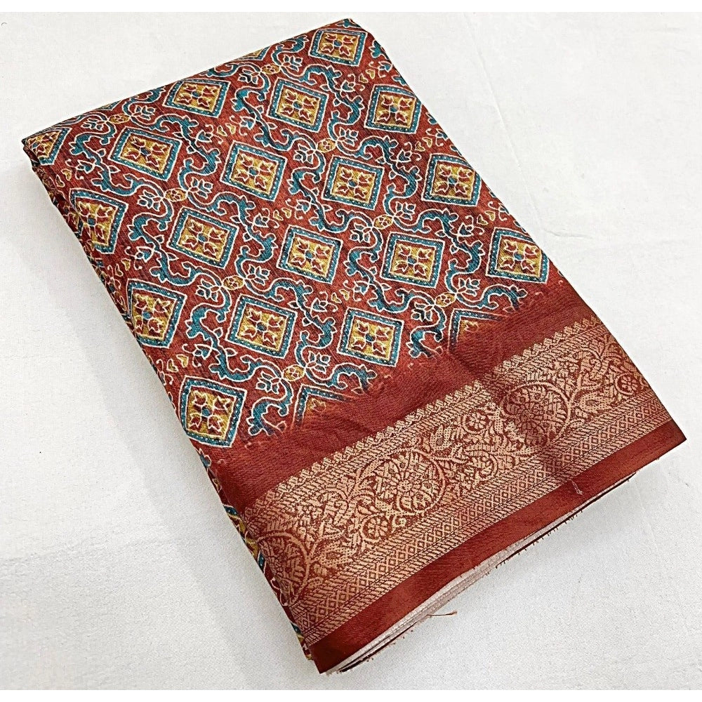 Multicolor cotton blend printed saree with unstitched blouse (5.5mtr), women's traditional Indian wear