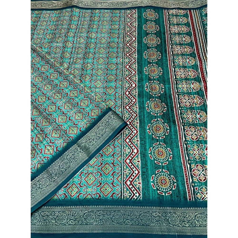 Cotton blend printed saree with unstitched blouse (5.5Mtr), Rama pattern for women's fashion