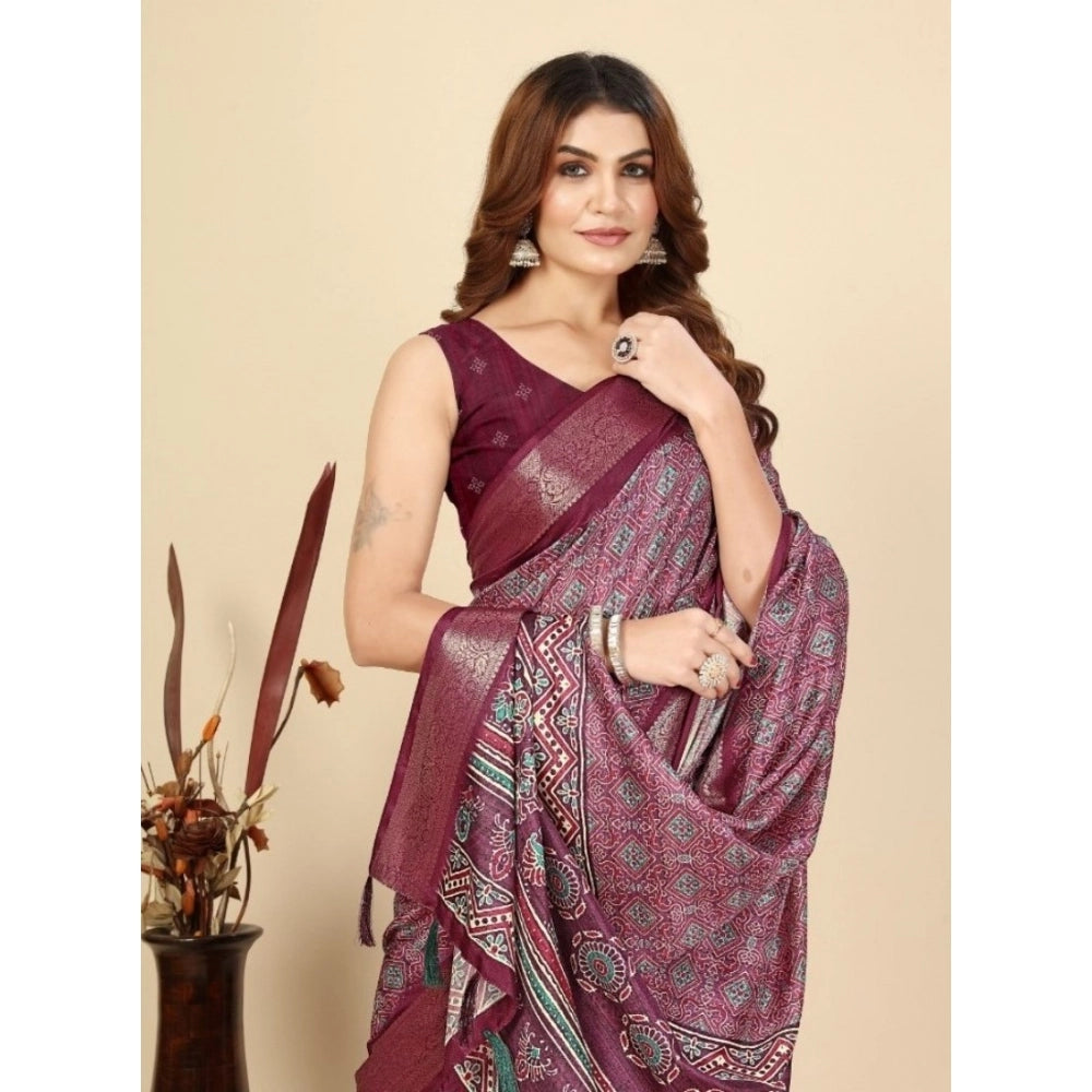 Wine cotton blend printed saree with unstitched blouse (5.5mtr) - women's Indian traditional wear on mannequin
