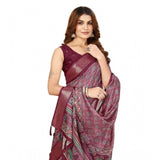 Wine cotton blend printed saree with unstitched blouse (5.5Mtr) - Indian women's traditional attire on mannequin