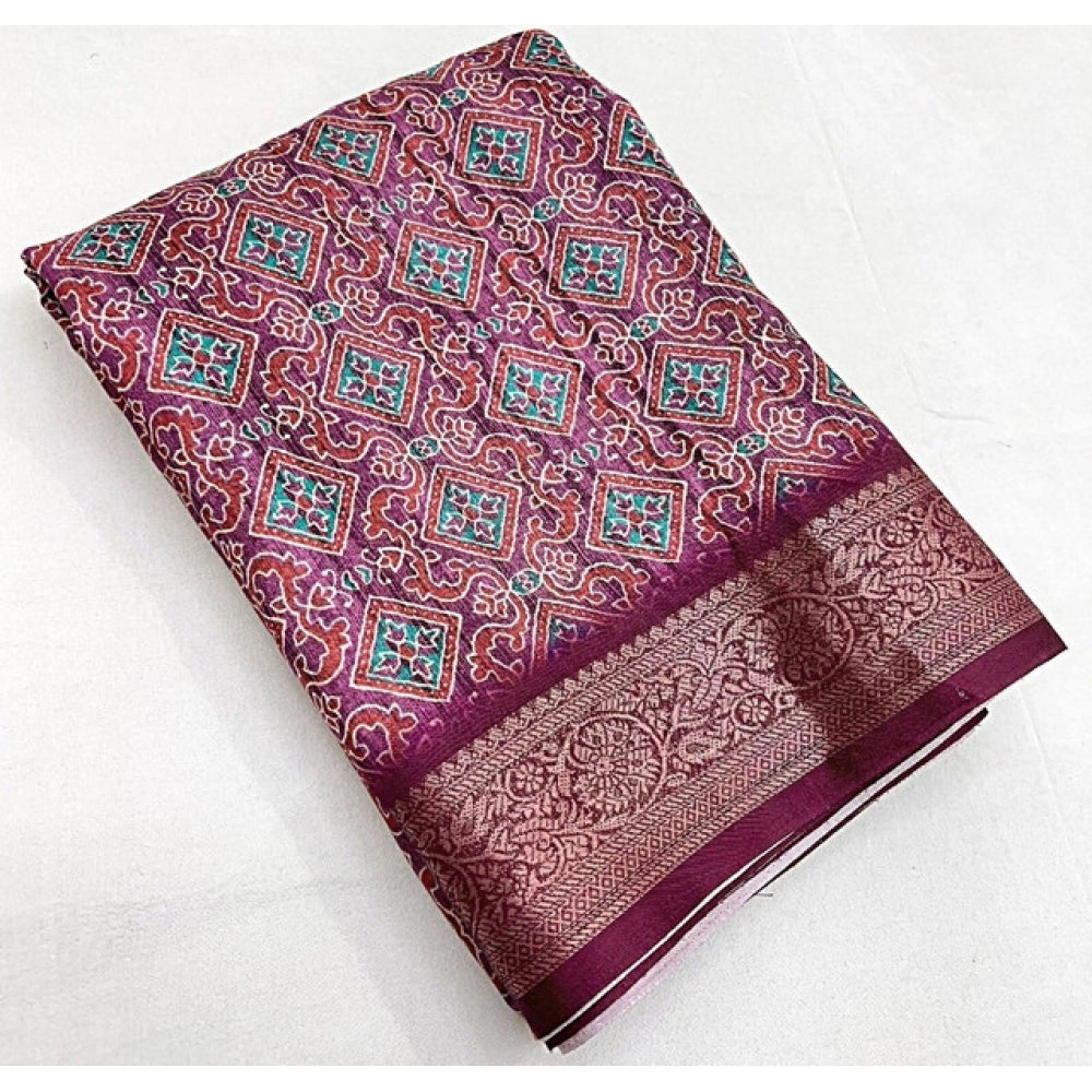 Women's wine-colored cotton blend printed saree with unstitched blouse (5.5Mtr)