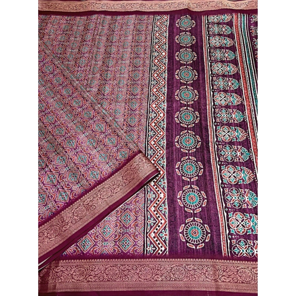 Wine cotton blend printed saree with unstitched blouse (5.5mtr), vibrant Indian women's fashion accessory