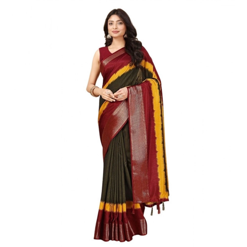 Multi-colored cotton silk saree with unstitched blouse (5.5mtr) on mannequin for traditional Indian wear