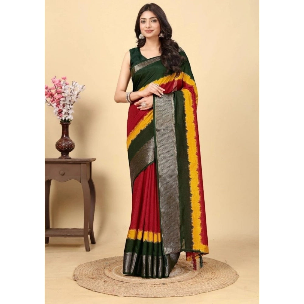 Multicolor cotton silk solid saree with unstitched blouse, vibrant Indian wear for women on display