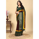 Multicolor cotton silk solid saree with unstitched blouse, 5.5mtr on mannequin for fashion accessories