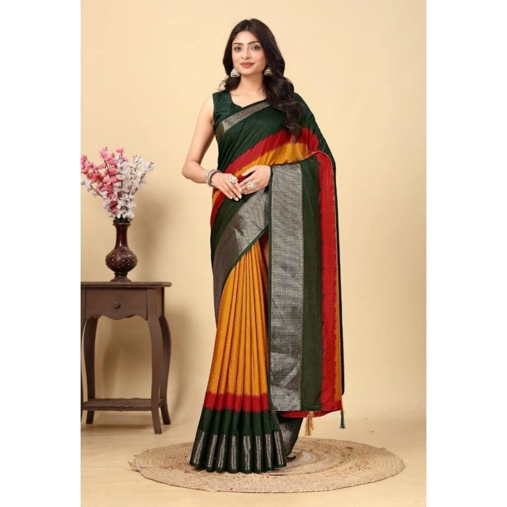 Multicolor cotton silk solid saree with unstitched blouse, 5.5mtr length on model