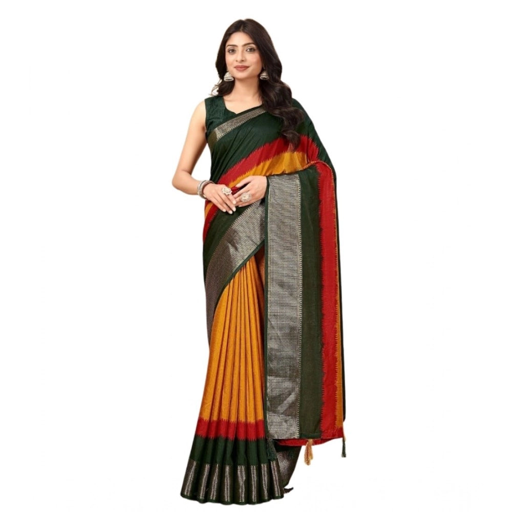 Multi-colored cotton silk saree with unstitched blouse (5.5mtr) on mannequin