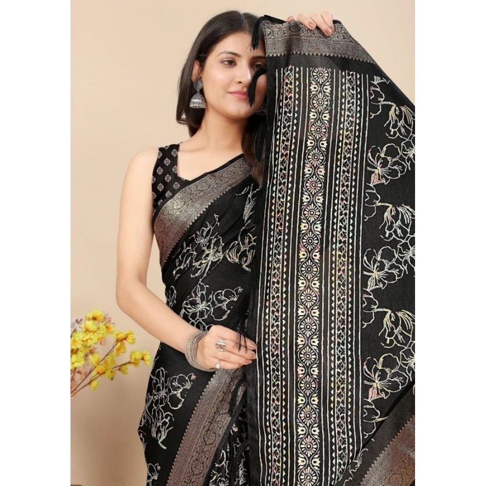 Black cotton silk floral printed saree with unstitched blouse, intricate design detail on display