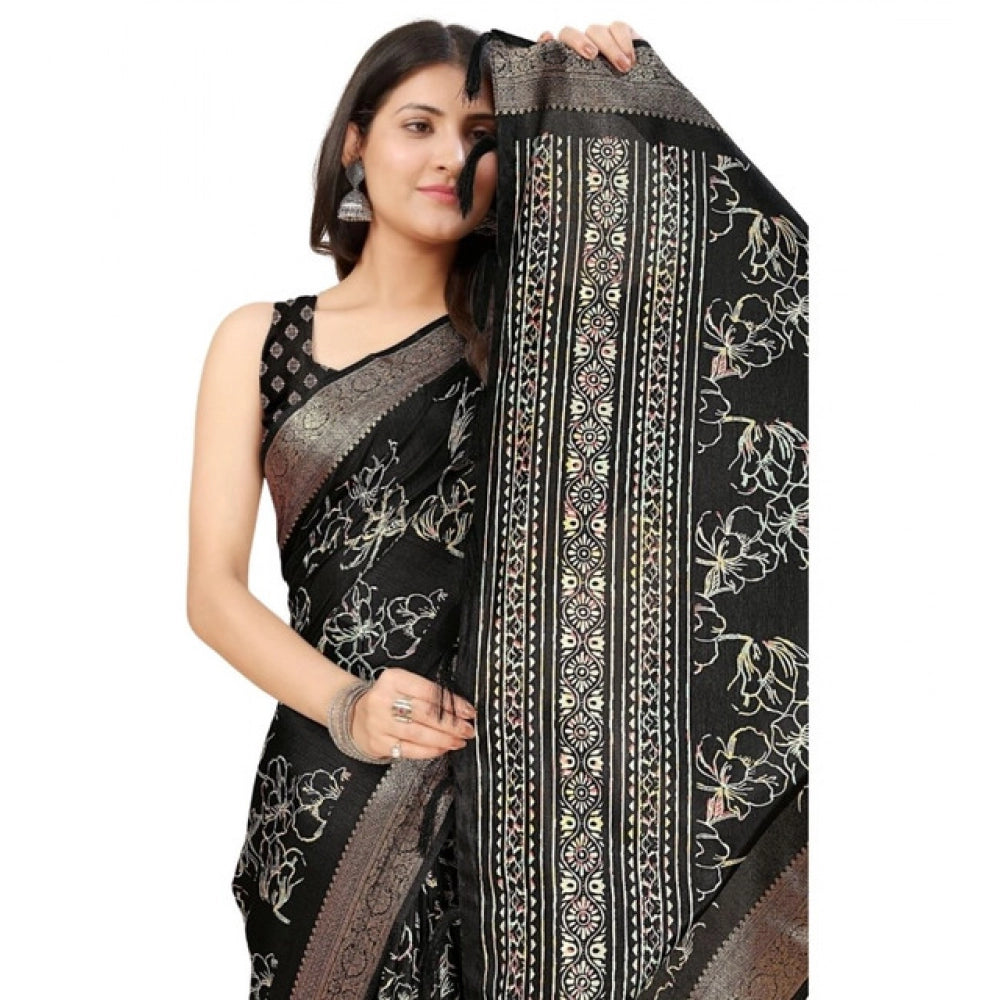 Black cotton silk floral printed saree with unstitched blouse, elegant and vibrant design on display