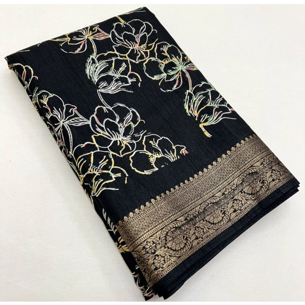 Black cotton silk floral printed saree with unstitched blouse, elegant home-wear fashion accessory