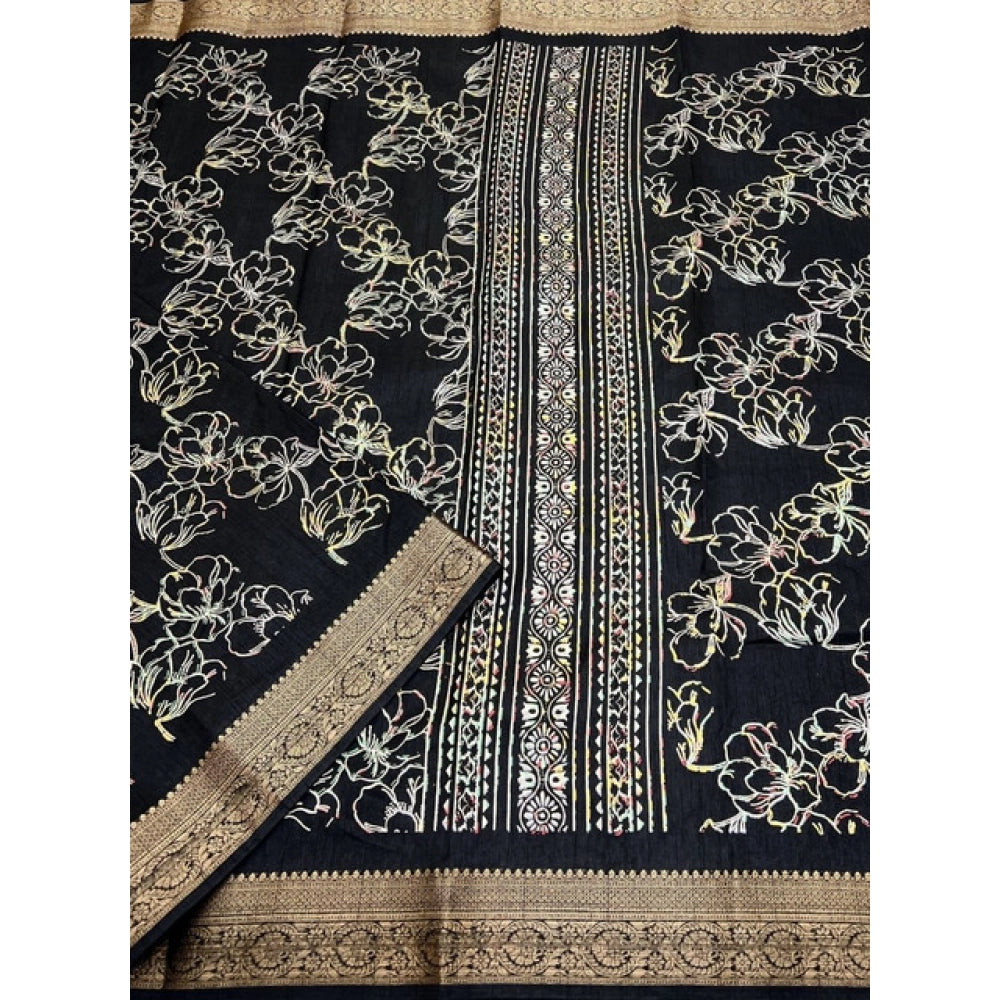 Black cotton silk floral printed saree with unstitched blouse, vibrant blooms on 5.5m fabric