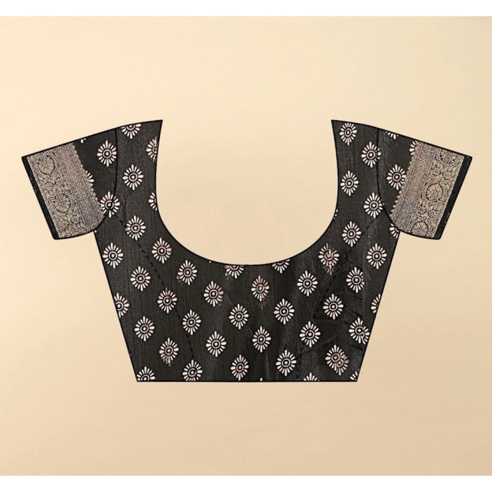 Black cotton silk floral printed saree with unstitched blouse (5.5Mtr)