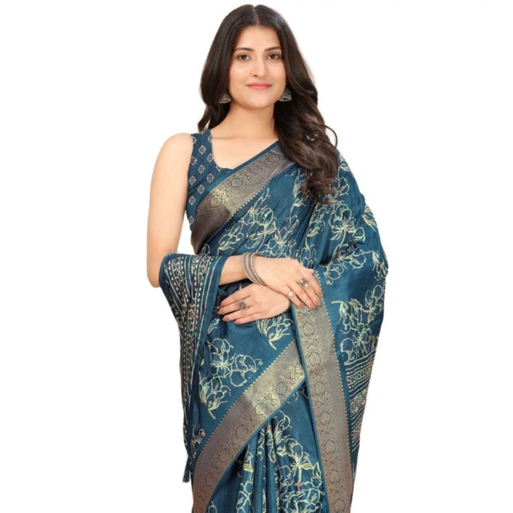 Blue cotton silk floral printed saree with unstitched blouse, vibrant floral design on a 5.5mtr length