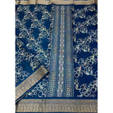 Blue cotton silk floral printed saree with unstitched blouse, vibrant blooms on a rich fabric background