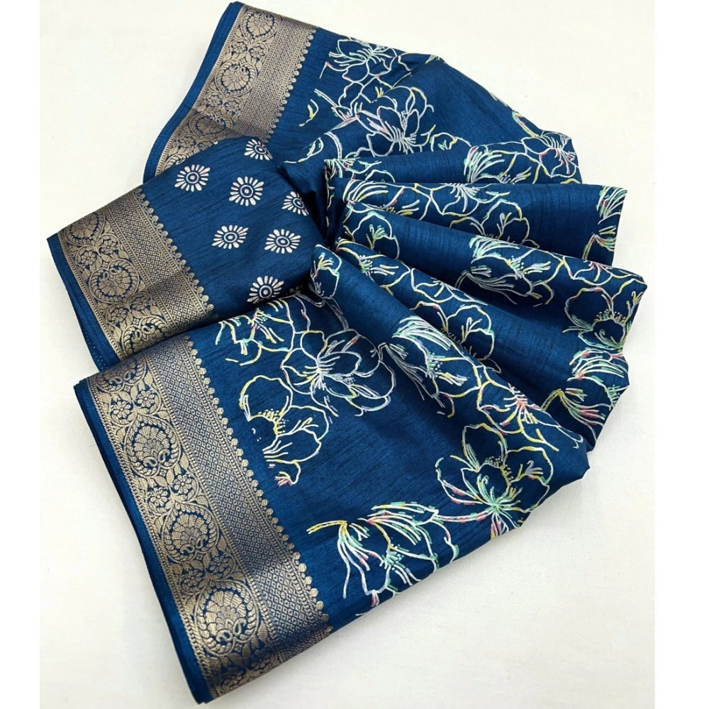 Blue cotton silk floral printed saree with unstitched blouse, vibrant floral patterns on traditional Indian wear