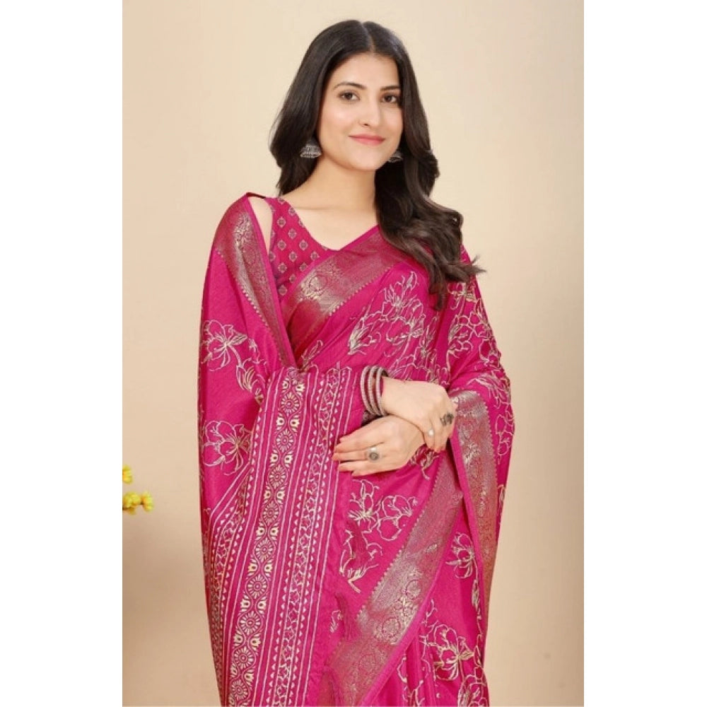 Pink cotton silk floral printed saree with unstitched blouse, 5.5Mtr length