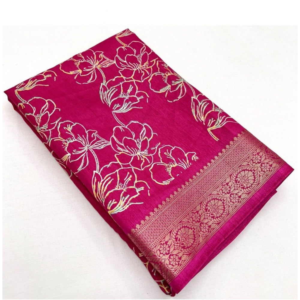 Pink cotton silk floral printed saree with unstitched blouse, 5.5Mtr length