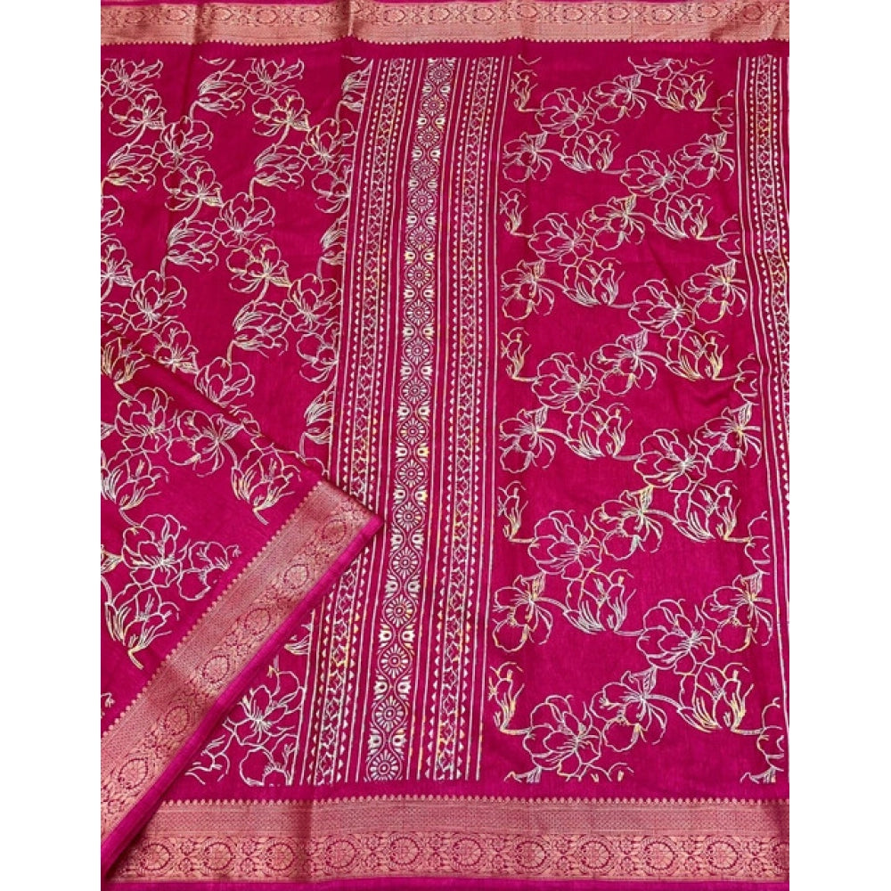 Pink cotton silk floral printed saree with unstitched blouse, 5.5mtr length