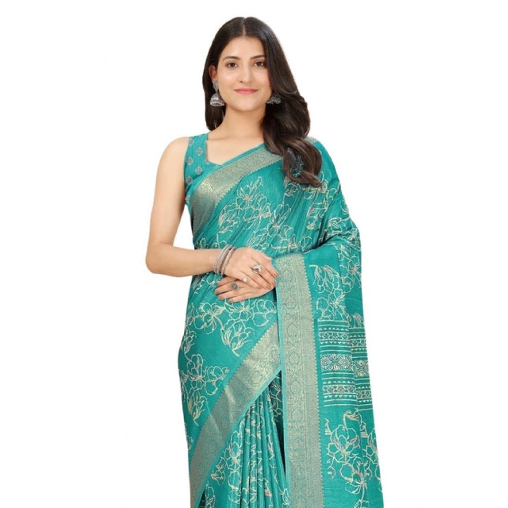Rama colored cotton silk floral printed saree with unstitched blouse (5.5Mtr), traditional Indian attire on mannequin
