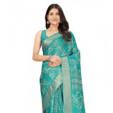 Rama colored cotton silk floral printed saree with unstitched blouse (5.5Mtr), traditional Indian attire on mannequin