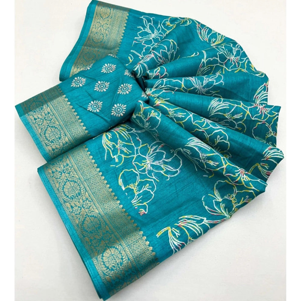 Rama colored cotton silk floral printed saree with unstitched blouse (5.5Mtr), traditional Indian wear on mannequin
